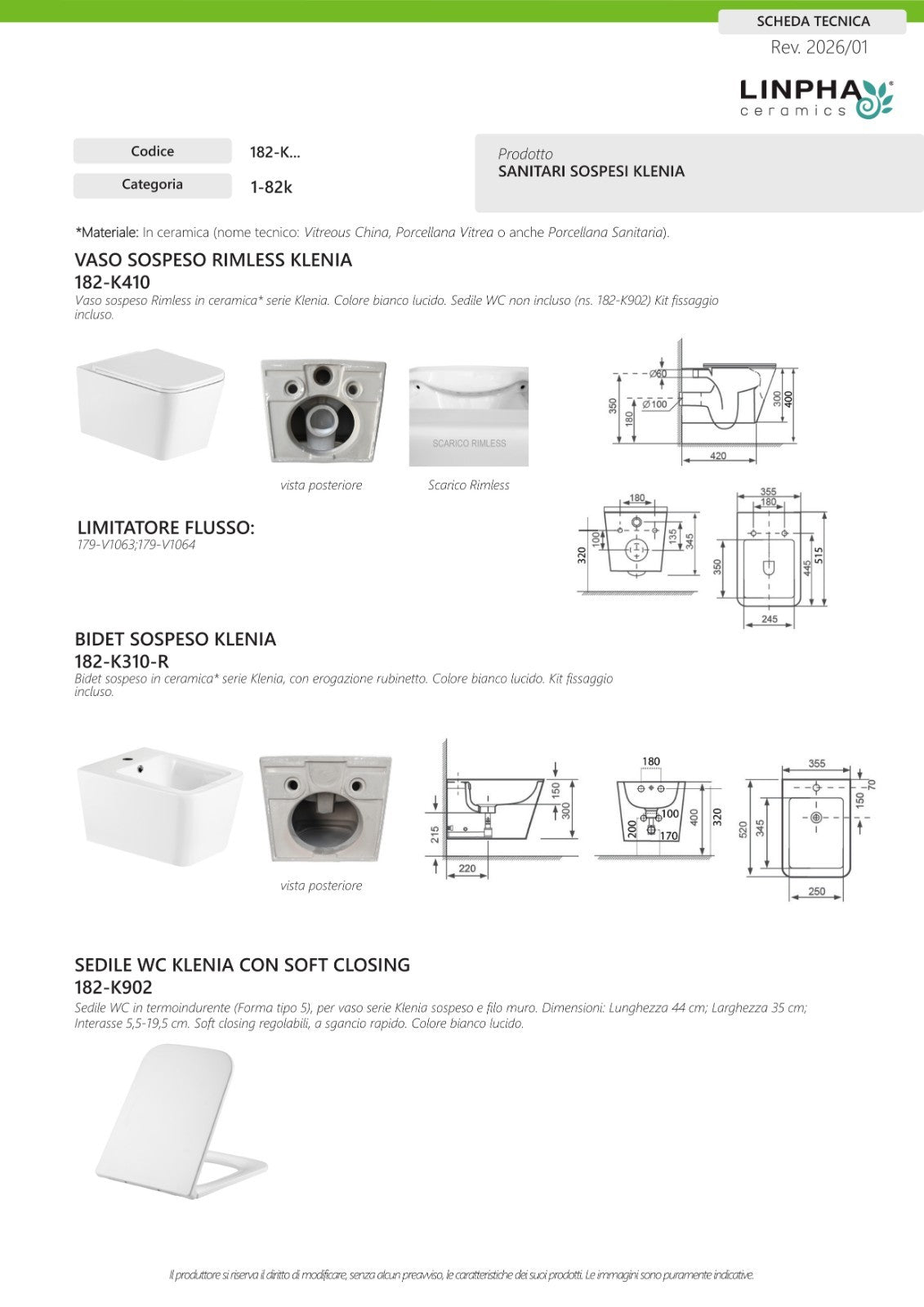 Sanitari Sospesi Rimless Bagno KLENIA Vaso WC Bidet Copri Water Soft Moderno D.X