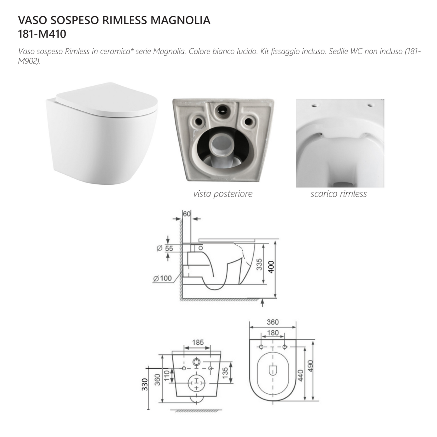 Sanitari Sospesi LINPHA MAGNOLIA Rimless Vaso WC Bagno Bidet Copri Water D.X