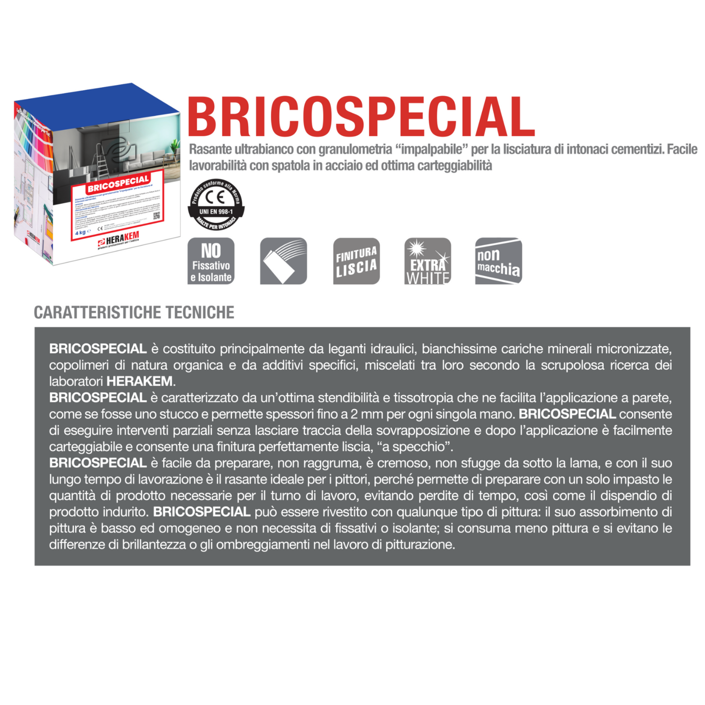 Rasante Muro Ultrabianco HERAKEM BRICOSPECIAL 5Kg Stucco Lisciatura Muri Interni