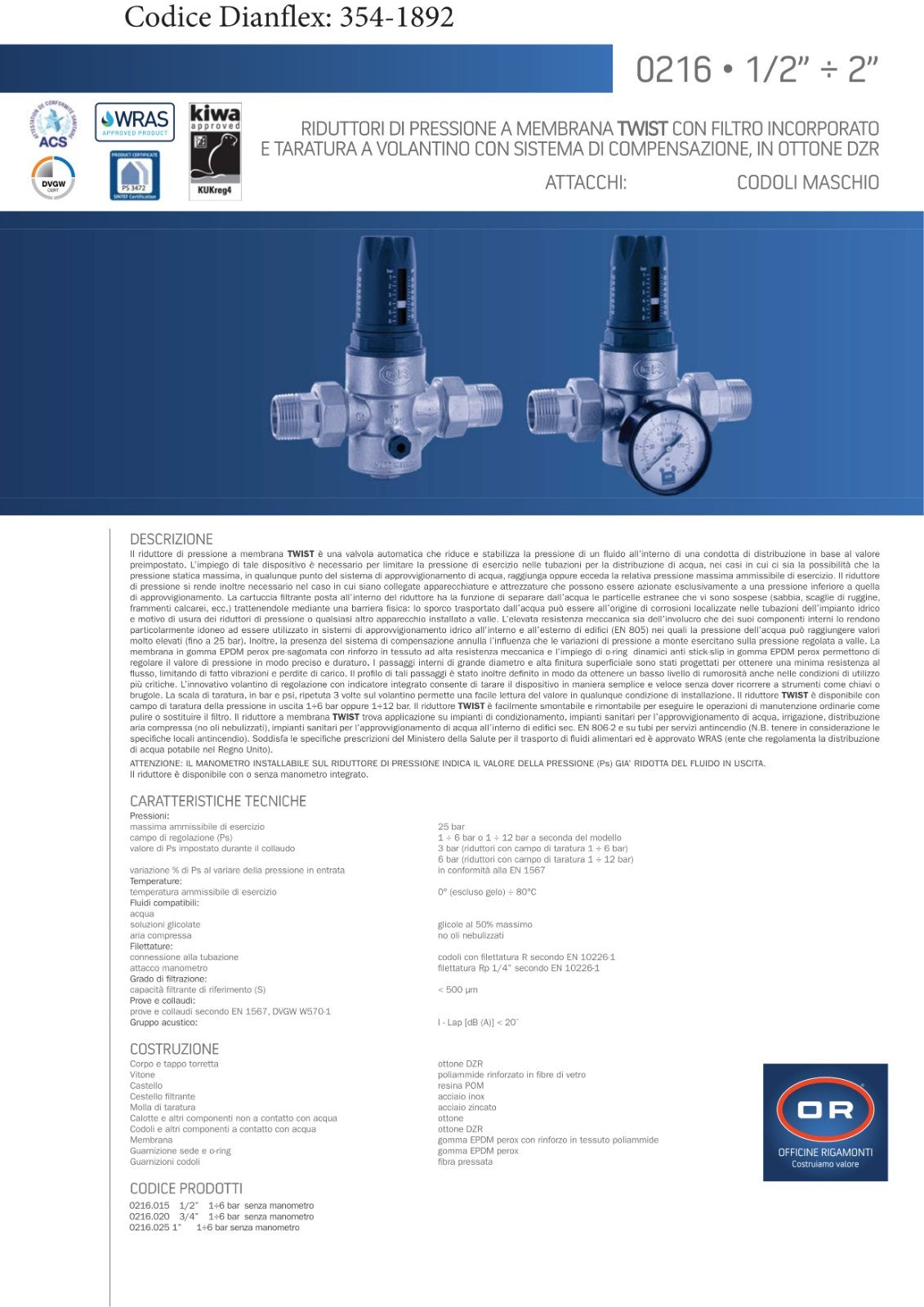 Riduttore Di Pressione Acqua a Membrana PN25 Ottone Con Manometro 1/2 3/4 1" D.X