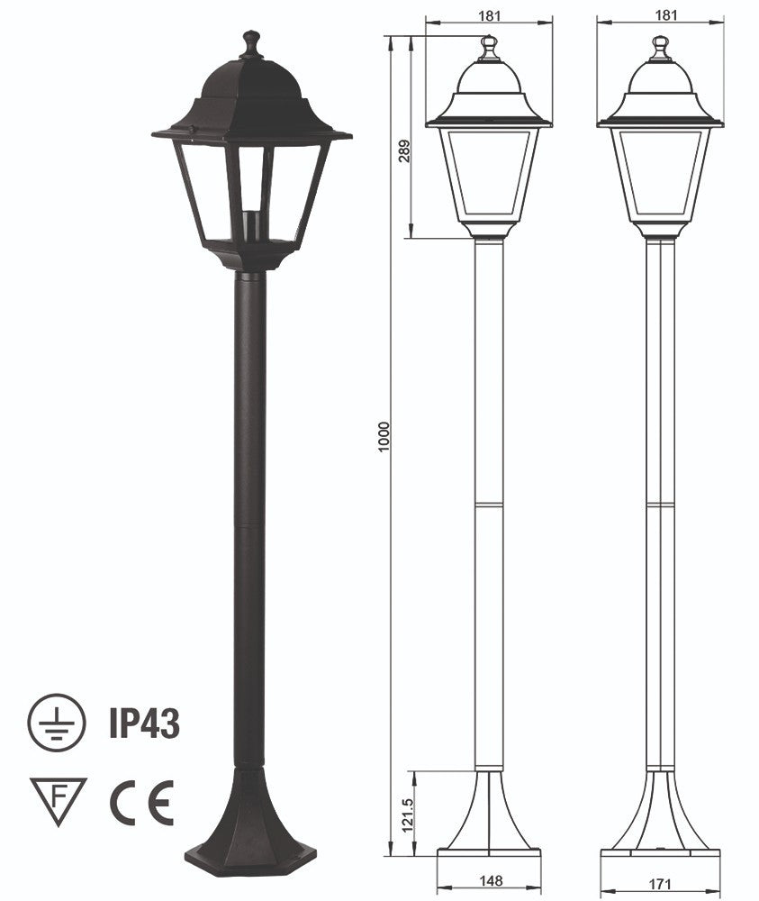 Lampione Giardino 1 Luce Nero H100cm IP43 Attacco E27 Paletto Esterno Design VBS