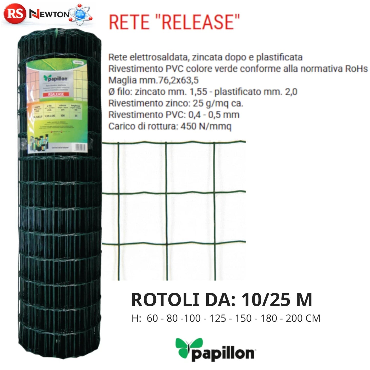 Rete Elettrosaldata Zincata Plastificata Verde Recinzione Giardino 10/25M VBS