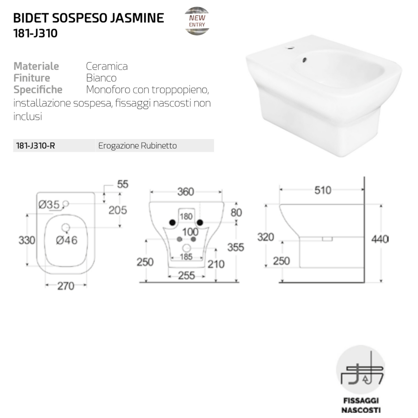 Sanitari LINPHA Jasmin Rimless Vaso WC Bagno Bidet Sospeso CopriWater Bianco D.X