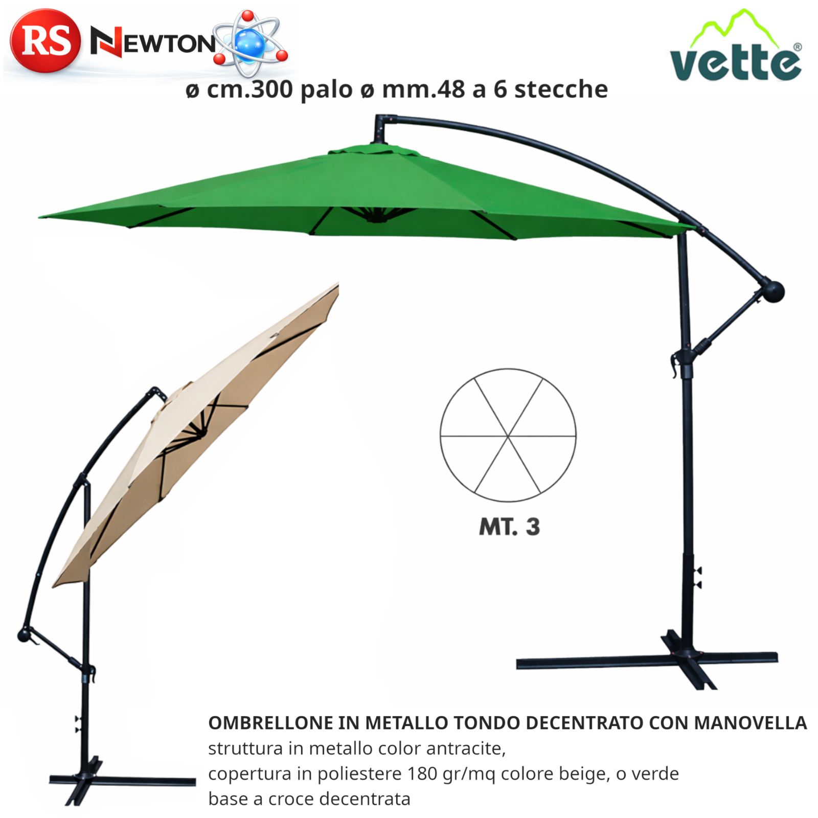 OMBRELLONE Da Patio Giardino Tondo 3M in Metallo Decentrato Con Manovella G.F