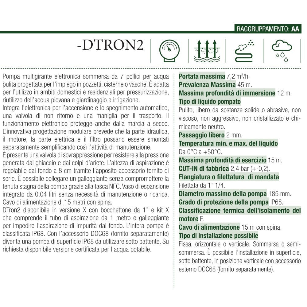 Pompa Sommergibile Elettronica DAB Multigirante Acqua Pulita Pressurizza D.X