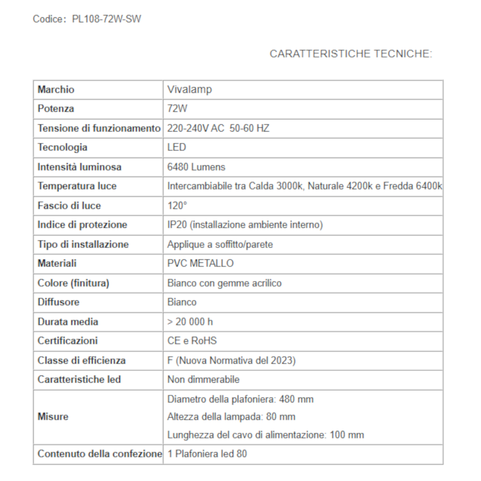 Plafoniera LED 72W Rotonda 6480Lm Switch 3000K 4200K 6400K Moderna Bianca V.L