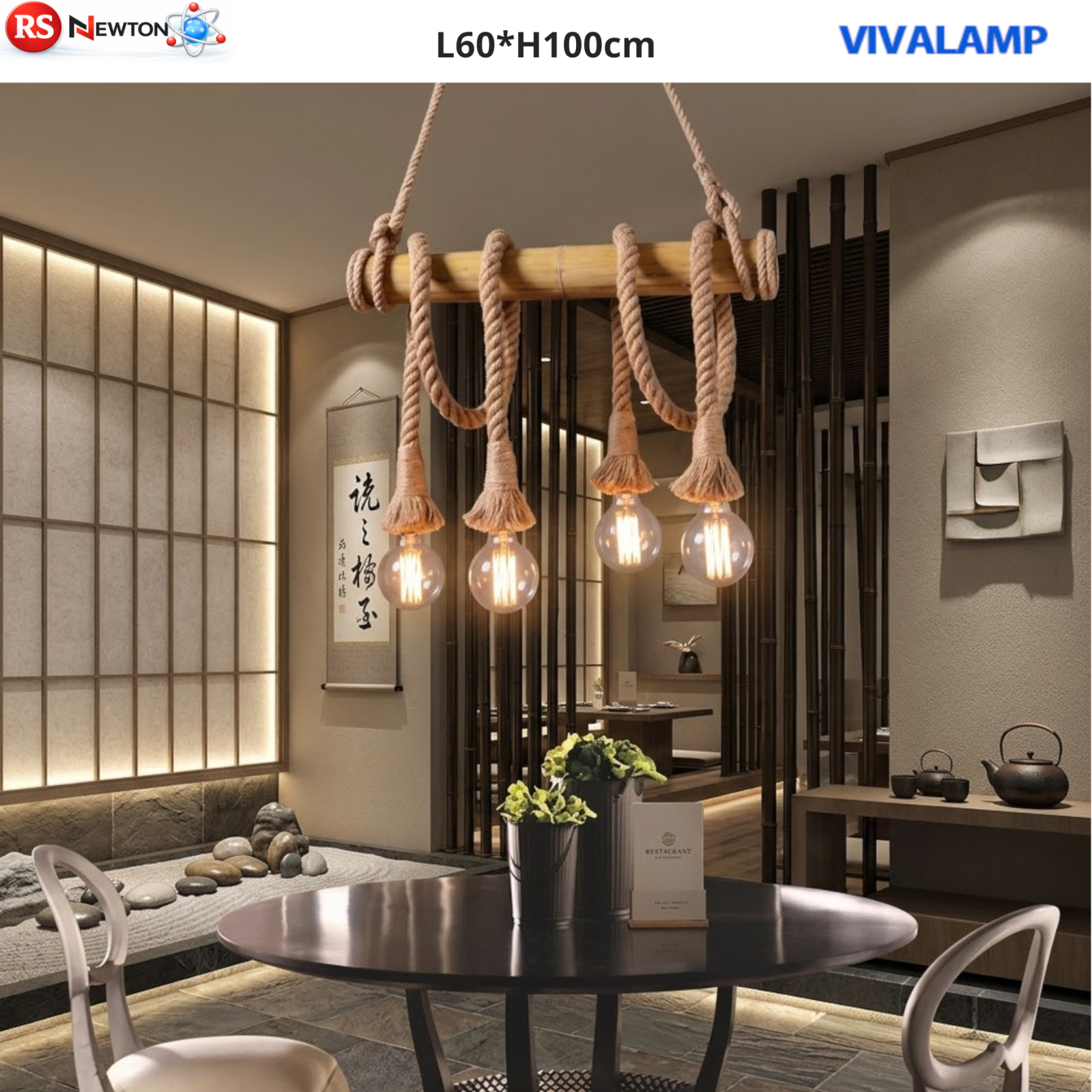 Lampadario Corda Canapa Bamboo 4 lUCI x E27 Vintage Rustico A Sospensione V.L