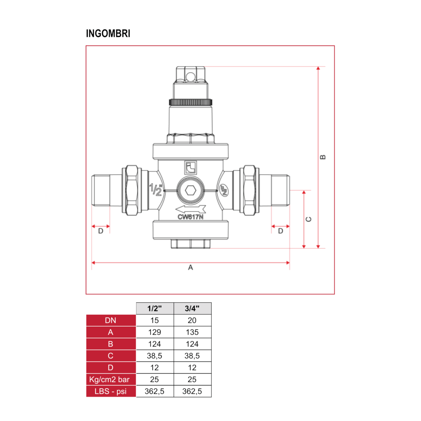 Riduttore Di Pressione Acqua Pesante In Ottone DN15 Attacco MM 1/2" 3/4" D.X