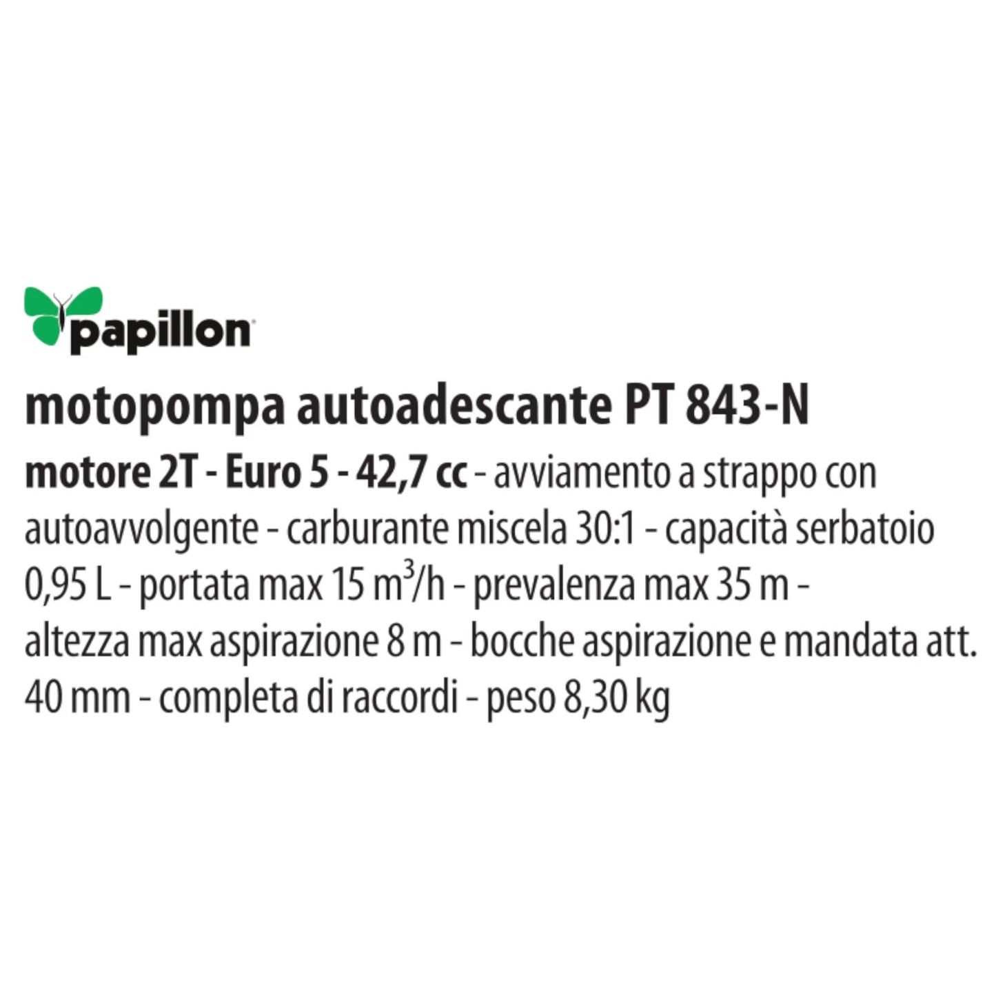 MOTOPOMPA Autoadescante a Benzina 2 Tempi 42,7cc 1,20 Hp Aspirazione 8mt VBS