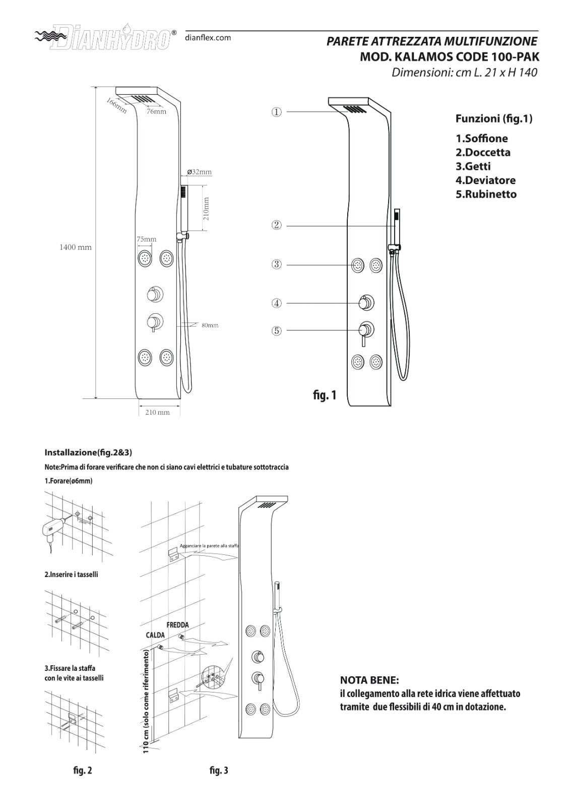 Pannello Doccia Multifunzione BIANCO OPACO Colonna In ABS 3 Funzioni 21x140 D.X