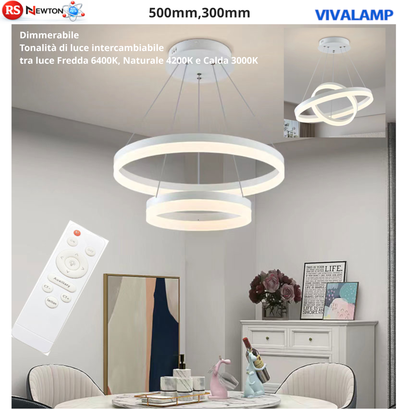 Lampadario LED 66W Dimmerabile Telecomando Moderno 3 Luci Trasformabile V.L