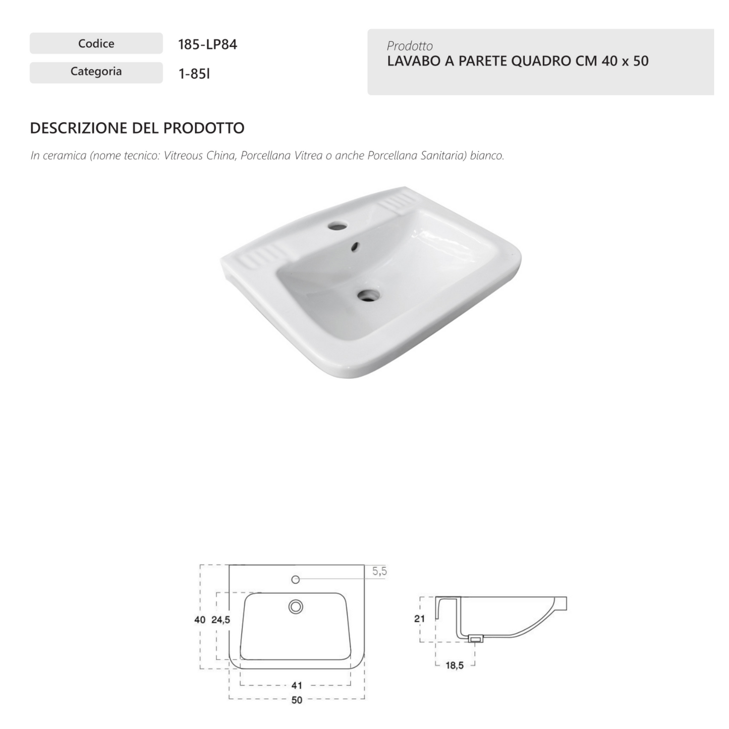 Lavabo a Parete Quadro Sospeso 40x50 cm LINPHA Ceramica Bianco Bagno Moderno D.X