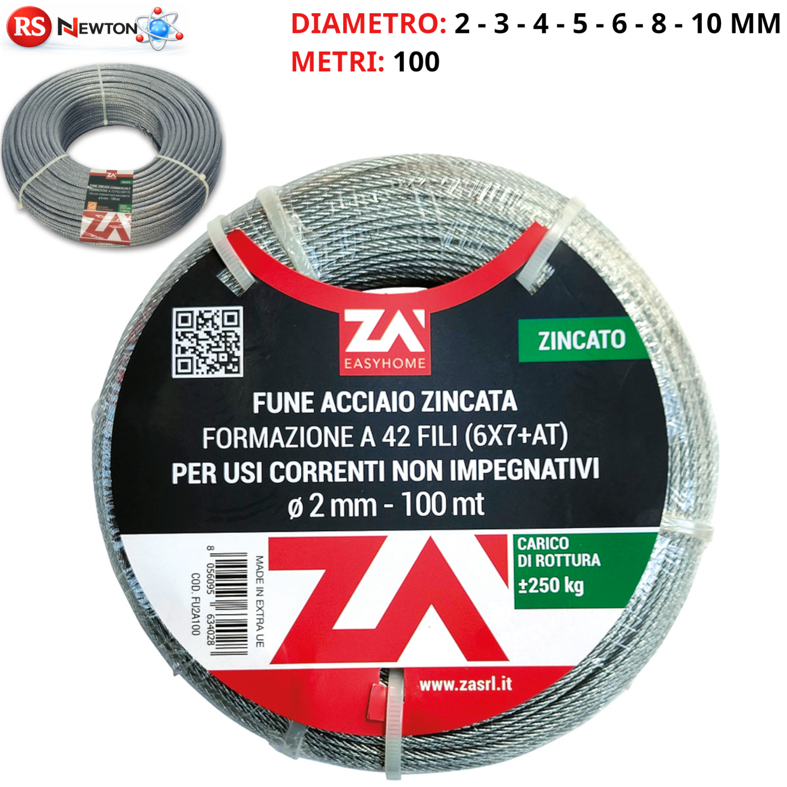 Fune Cavo Corda Acciaio ZINCATO TRIFOLI Rotolo 100M Ø 2 3 4 5 6 8 10 mm VBS