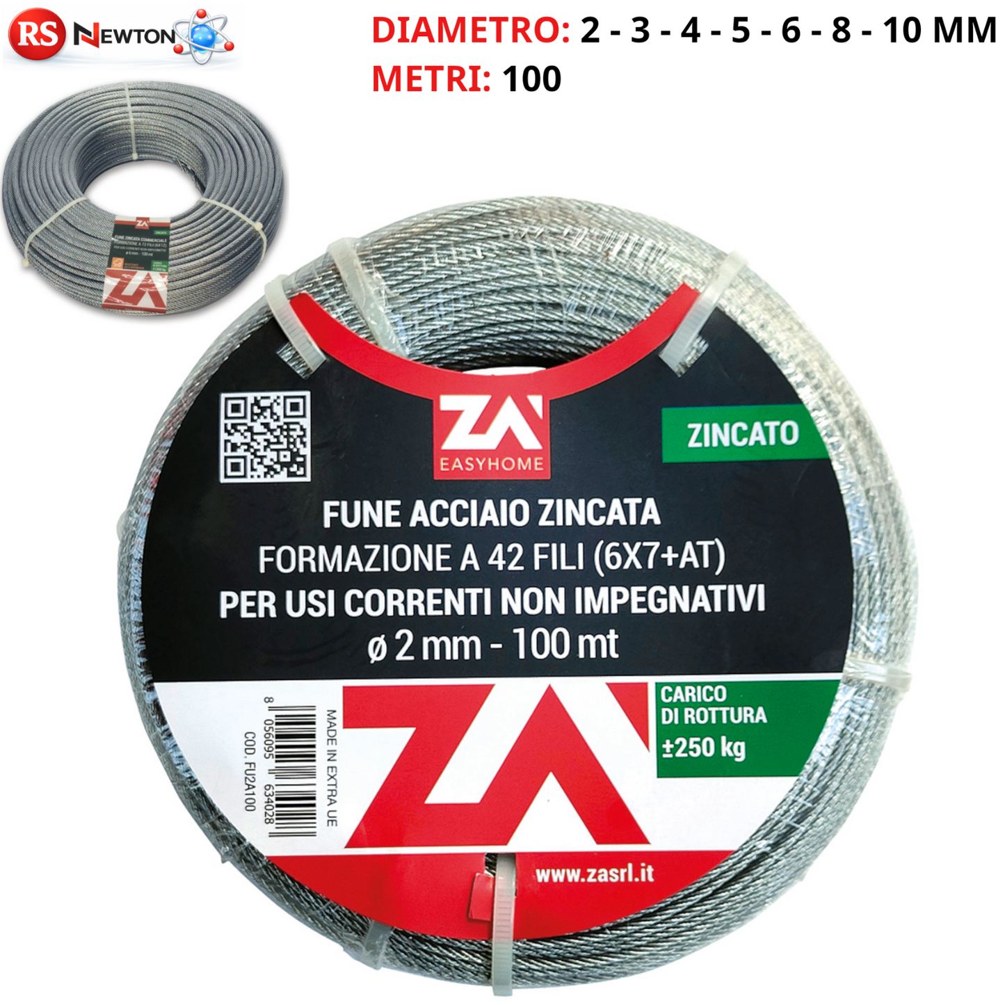 Fune Cavo Corda Acciaio ZINCATO TRIFOLI Rotolo 100M Ø 2 3 4 5 6 8 10 mm VBS