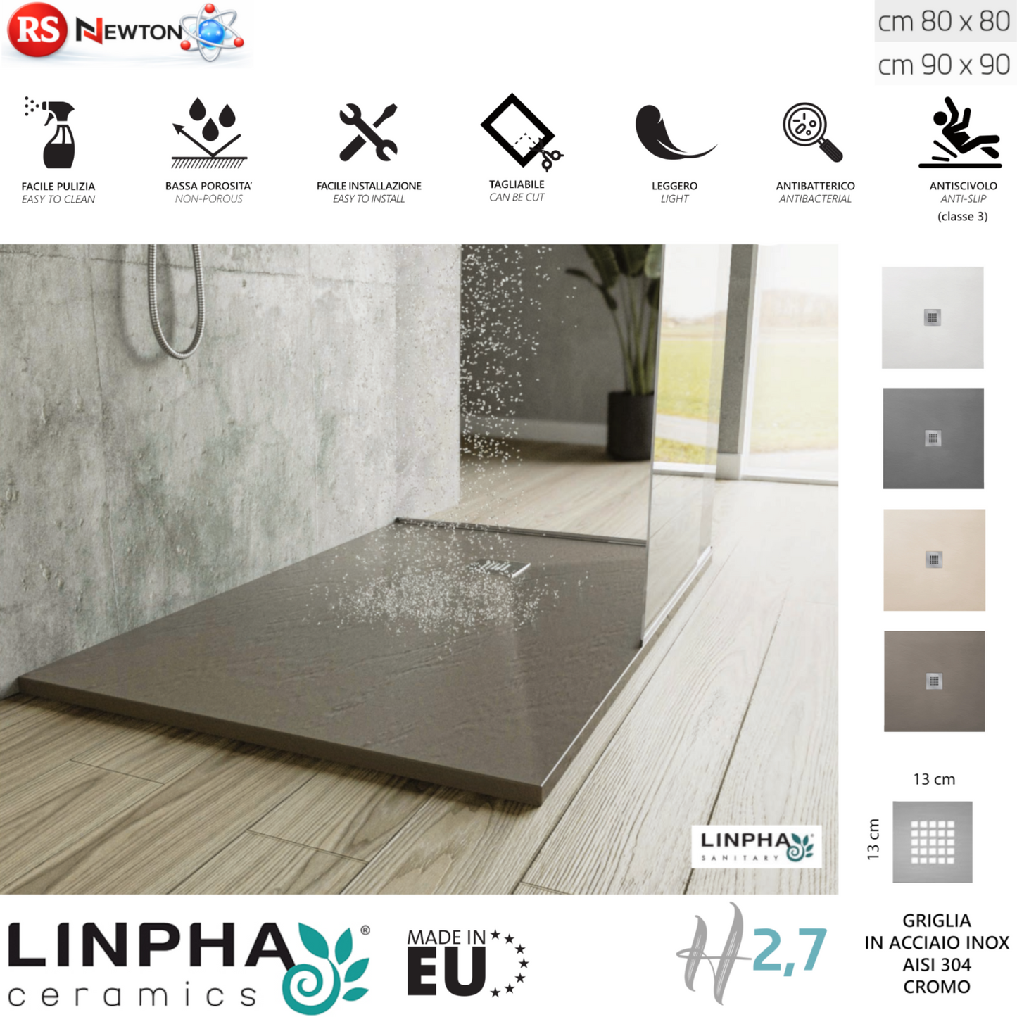 Piatto Doccia Quadrato 80x80 90x90 LINPHA Resina Effetto Ardesia Antiscivolo D.X