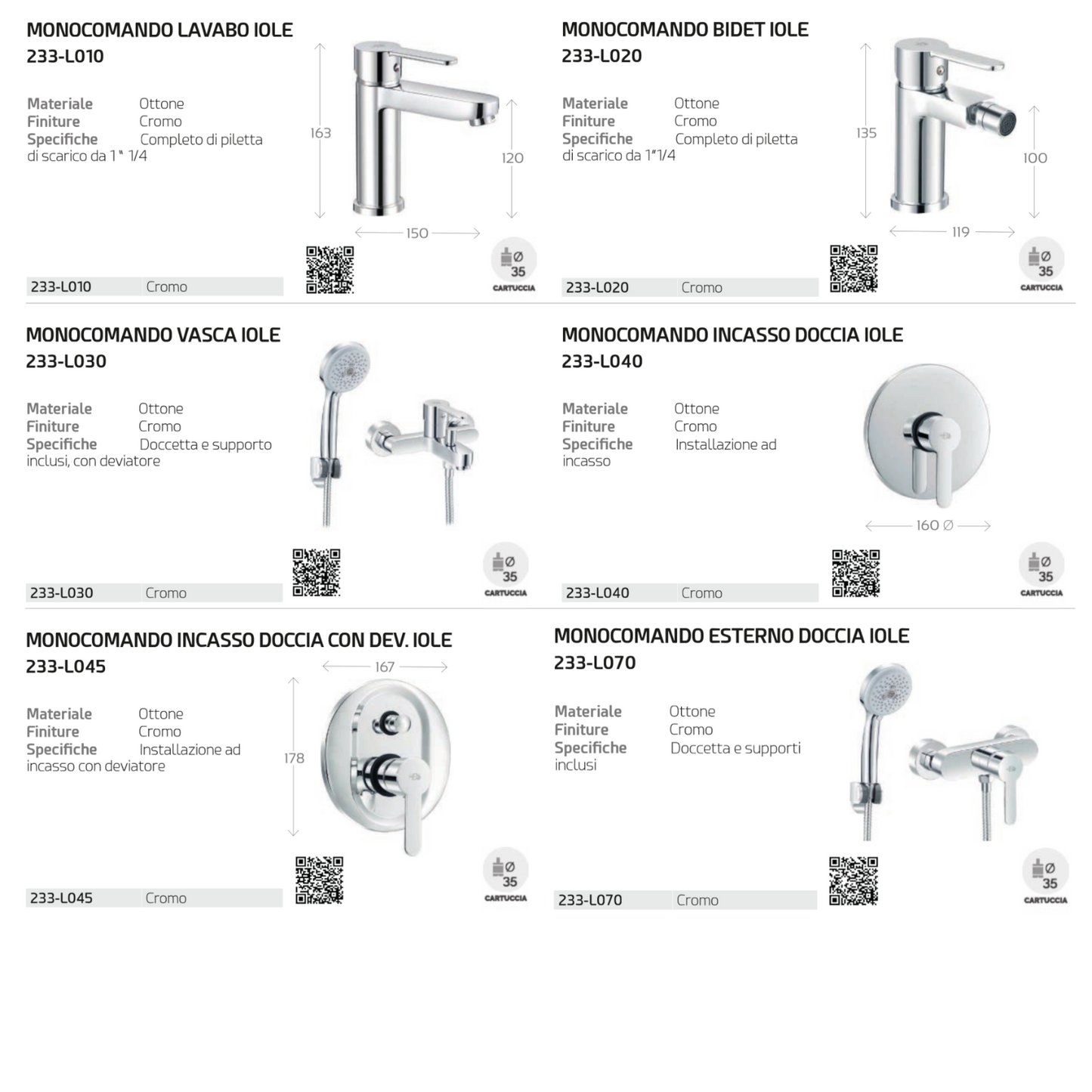 Rubinetto Miscelatore Bagno Lavabo Bidet Vasca Doccia Ottone Cromato IOLE D.X