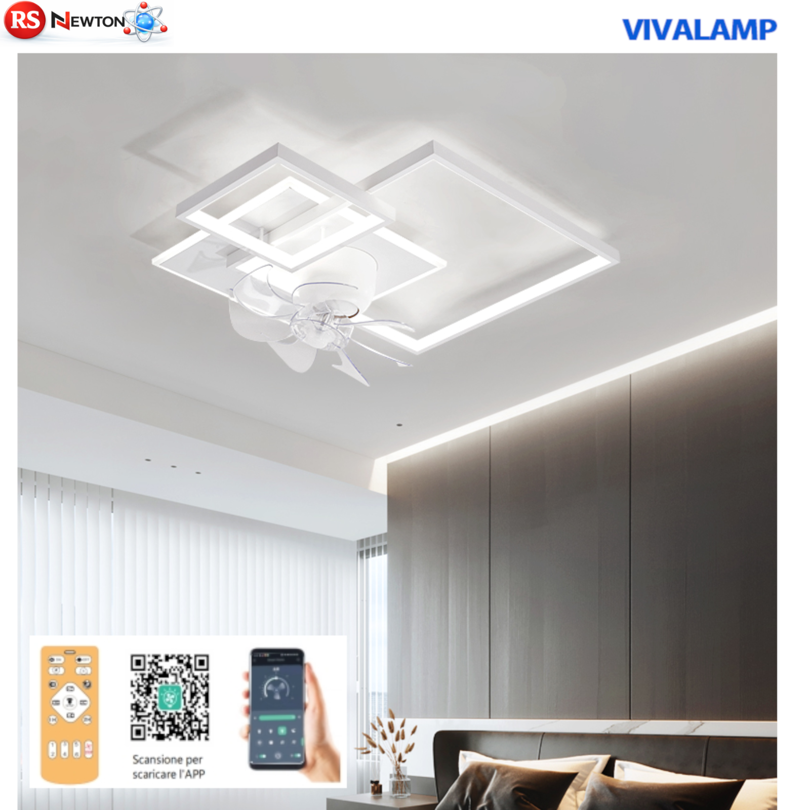 Plafoniera LED Ventilatore 78W Rombi Dimmerabile Telecomando APP Motore DC V.L