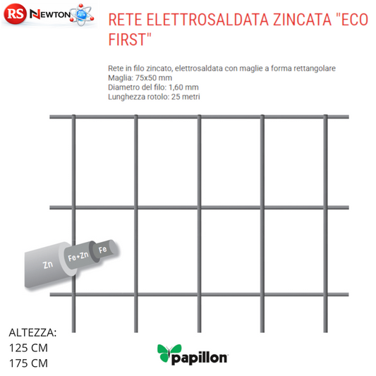 Rete Elettrosaldata Zincata 25 M Recinzione Maglia 75x50 Filo 1,6mm H125-175 VBS