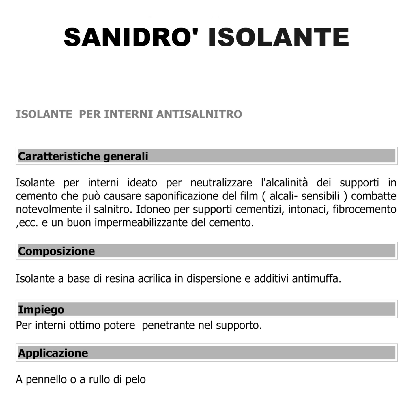 Fissativo Antimuffa Isolante SANIDRÒ Antisalnitro Professionale Pareti 5L I.D