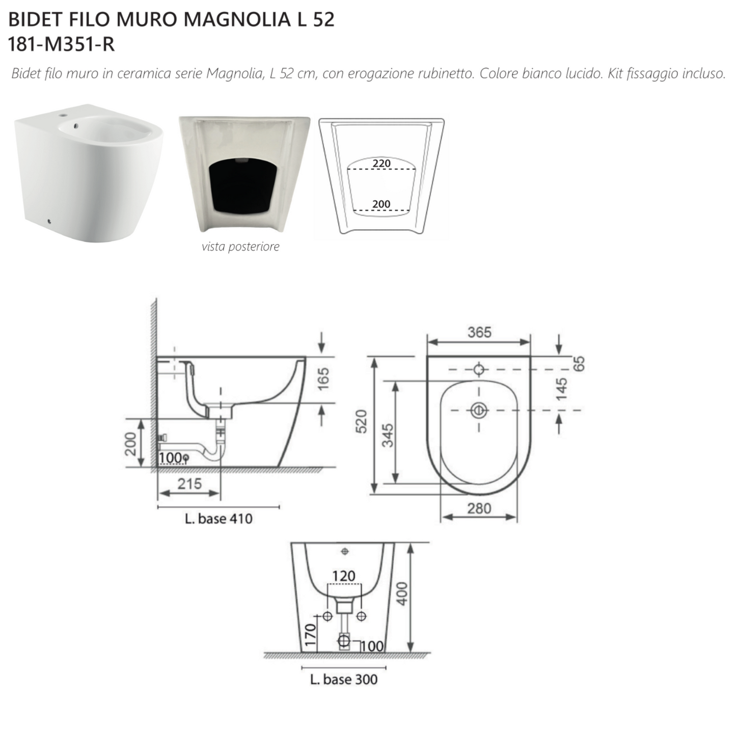 Sanitari Filo Muro LINPHA MAGNOLIA Rimless Vaso WC Bagno Bidet Copri Water D.X