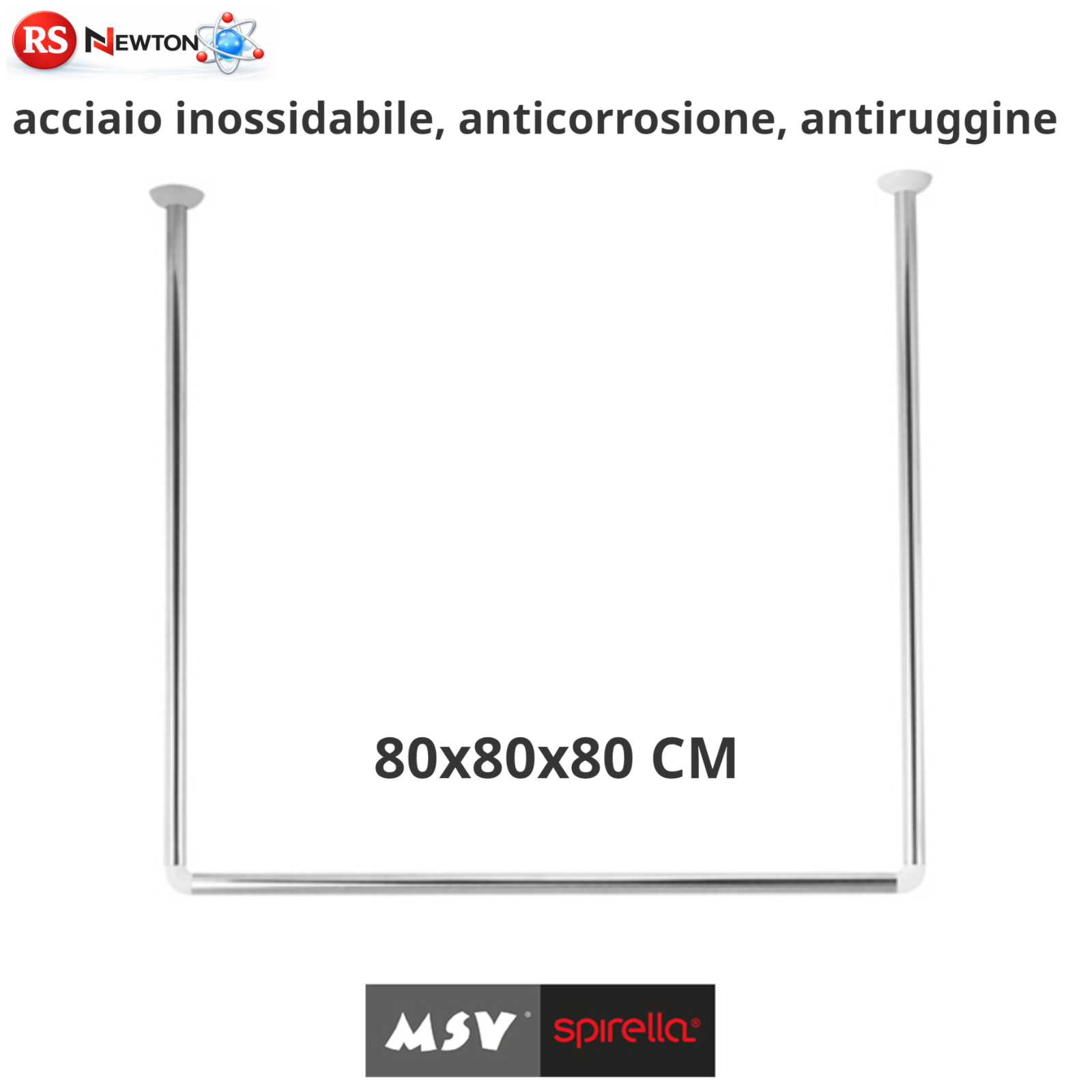 Bastone Tenda Doccia Angolare Quadrato Asta Acciaio INOX 3 LATI 80-80-80cm D.X
