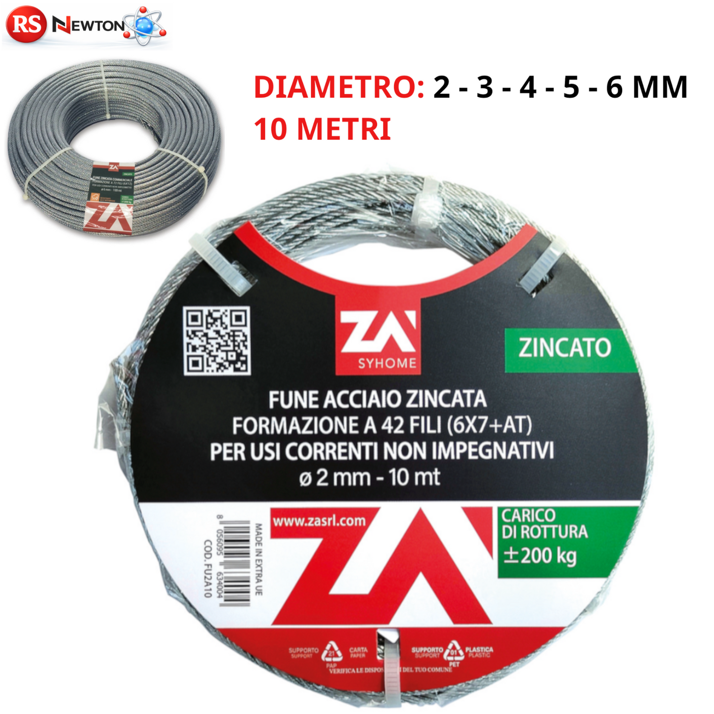 Fune Acciaio ZINCATO Cavo Corda Trefoli 10mt Ø 2 3 4 5 6 mm a 42 Fili VBS