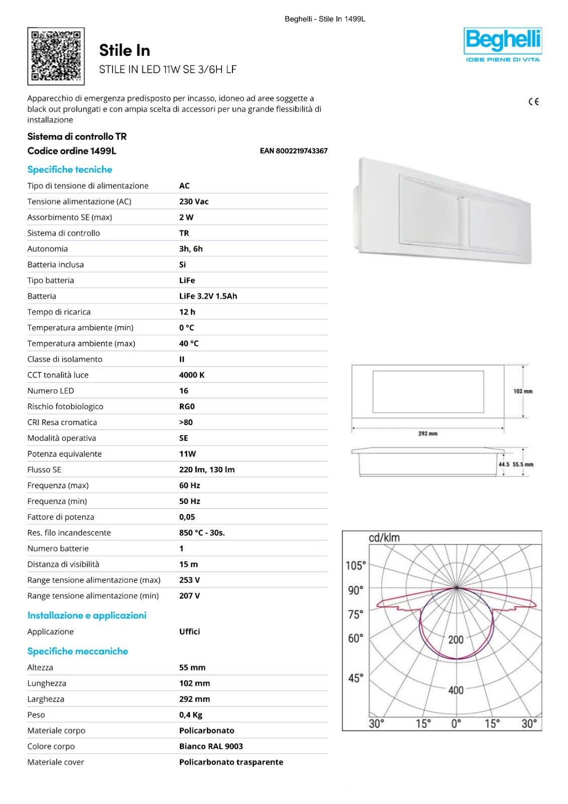 Lampada Emergenza BEGHELLI Luce Led ad Incasso 11W Autonomia 3/6H Casa Ufficio