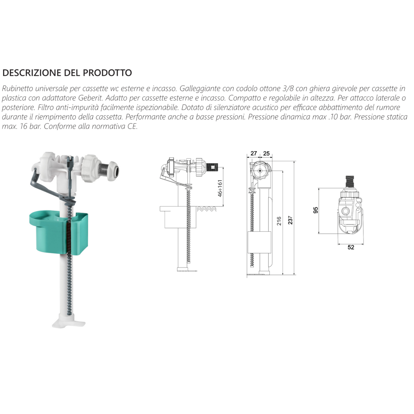 Rubinetto Galleggiante Universale IKARO WC 3/8 Geberit Pucci Silenzioso D.X