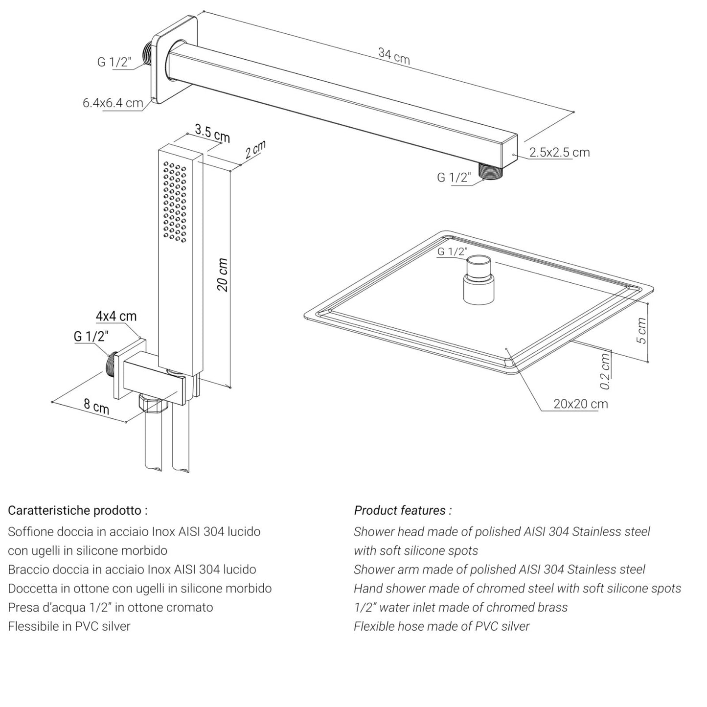 Kit Soffione Doccia Completo Quadrato Acciaio Inox AISI 304 Ottone Cromato D.X