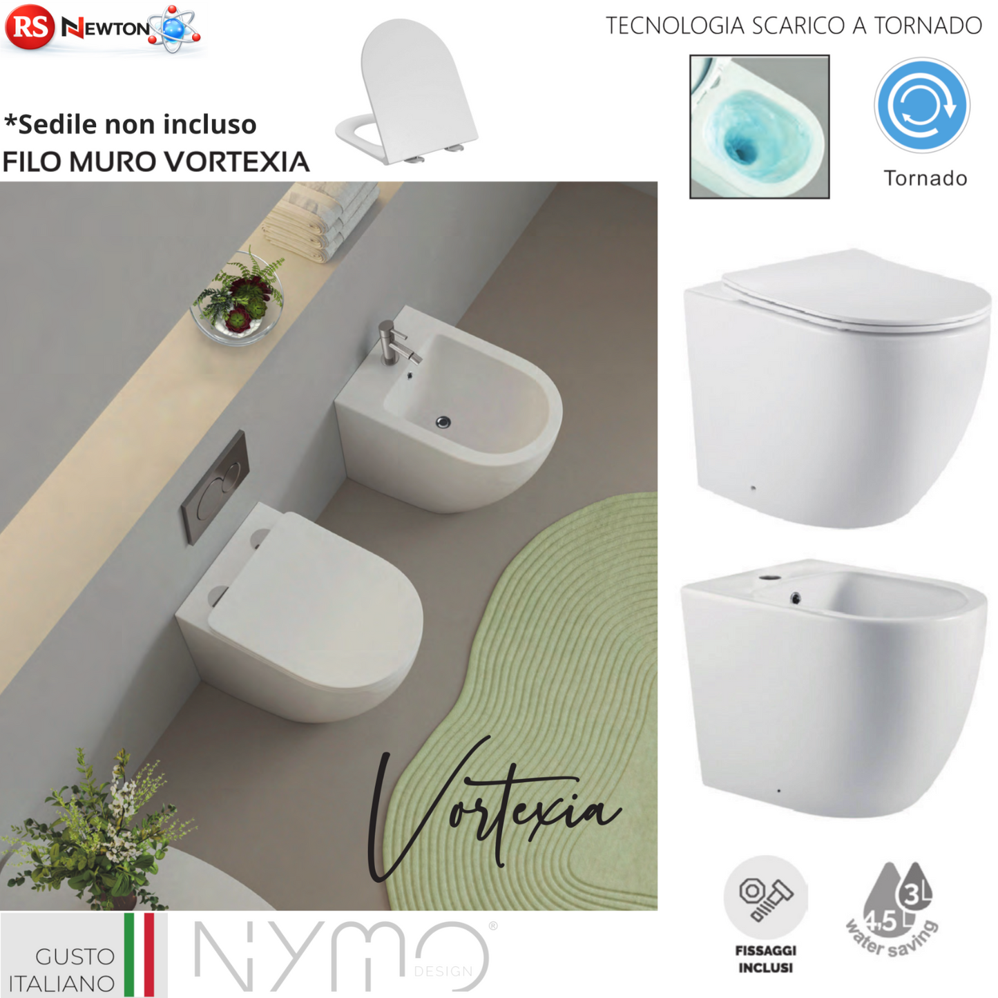 Sanitari Bagno Filo Muro NYMO Vaso WC Bidet Sedile Soft Close Bianco Moderno D.X