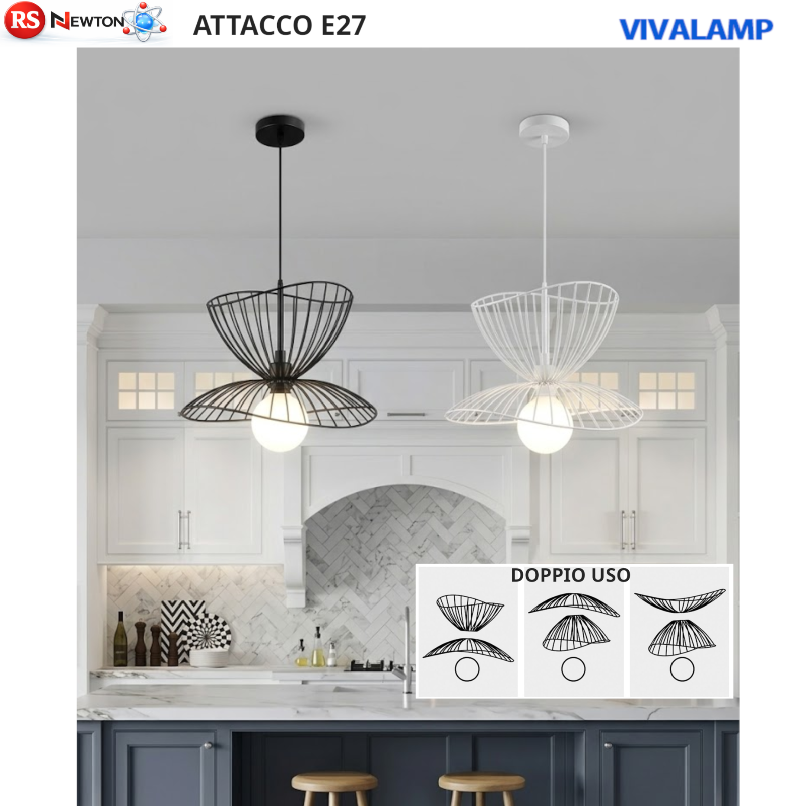 Lampadario E27 Doppio Uso Metallo Bianco Nero Sospensione Regolabile Bar V.L