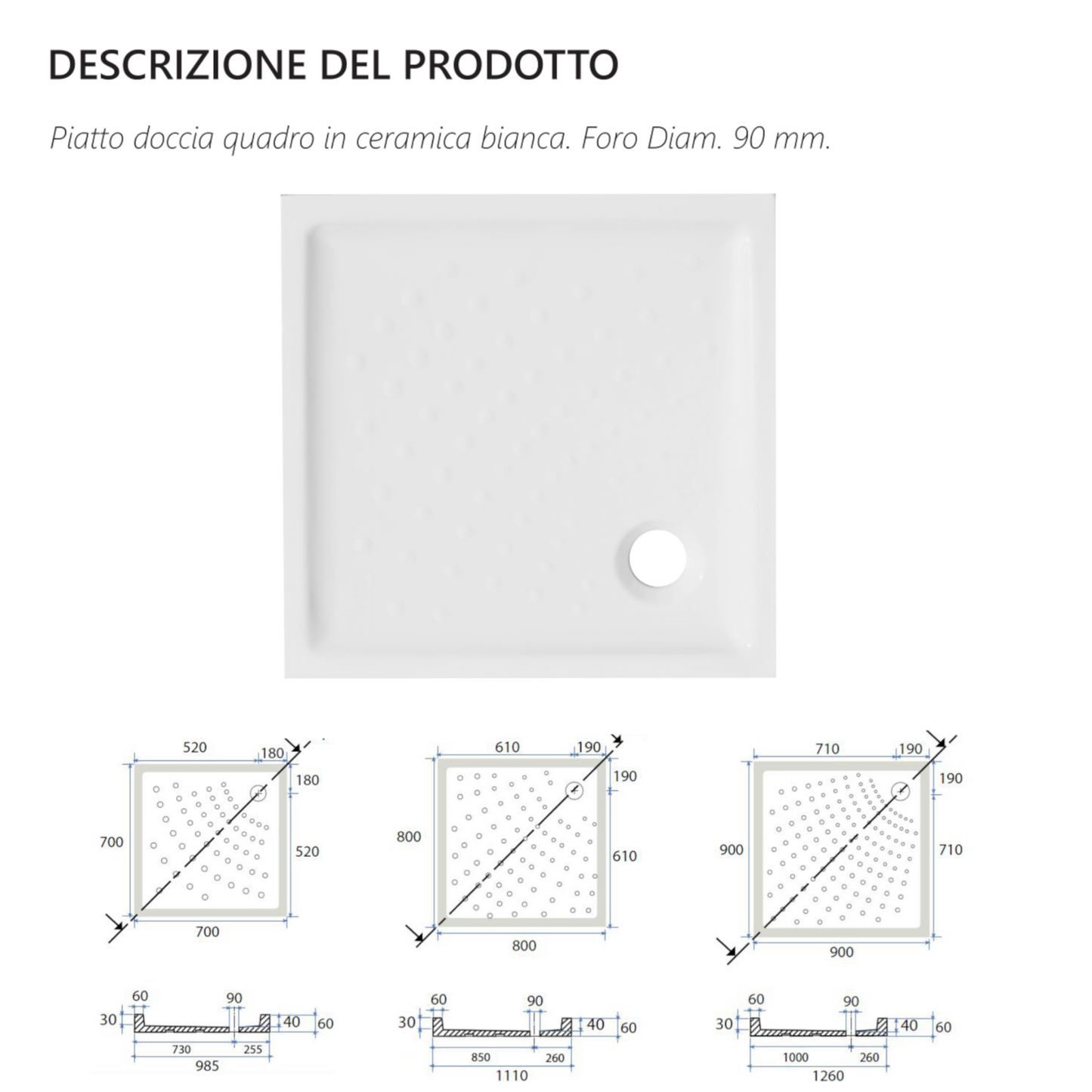 Piatto Doccia Quadro Ceramica Bianco H6 70x70 80x80 90x90 Foro 90 Slim Bagno D.X