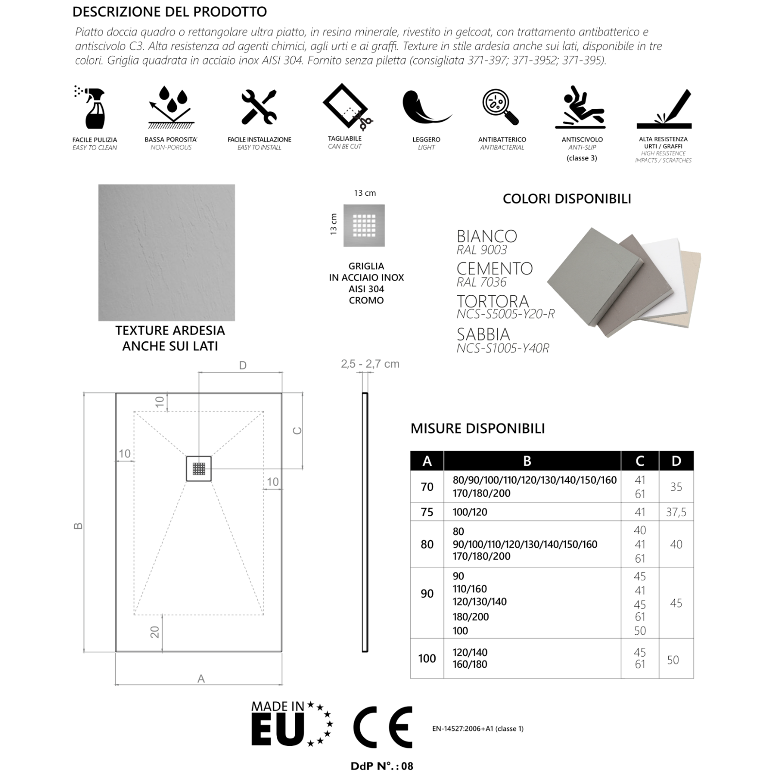 Piatto Doccia Quadrato 80x80 90x90 LINPHA Resina Effetto Ardesia Antiscivolo D.X
