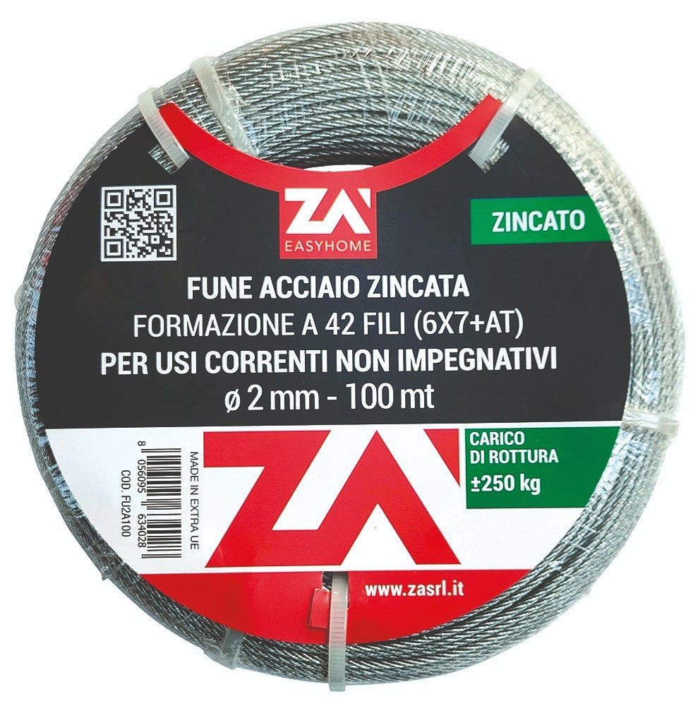Fune Cavo Corda Acciaio ZINCATO TRIFOLI Rotolo 100M Ø 2 3 4 5 6 8 10 mm VBS