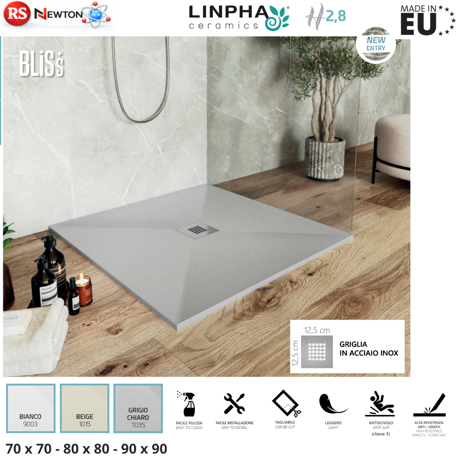 Piatto Doccia Quadrato 70x70 80x80 90x90 LINPHA Marmoresina Effetto Pietra D.X