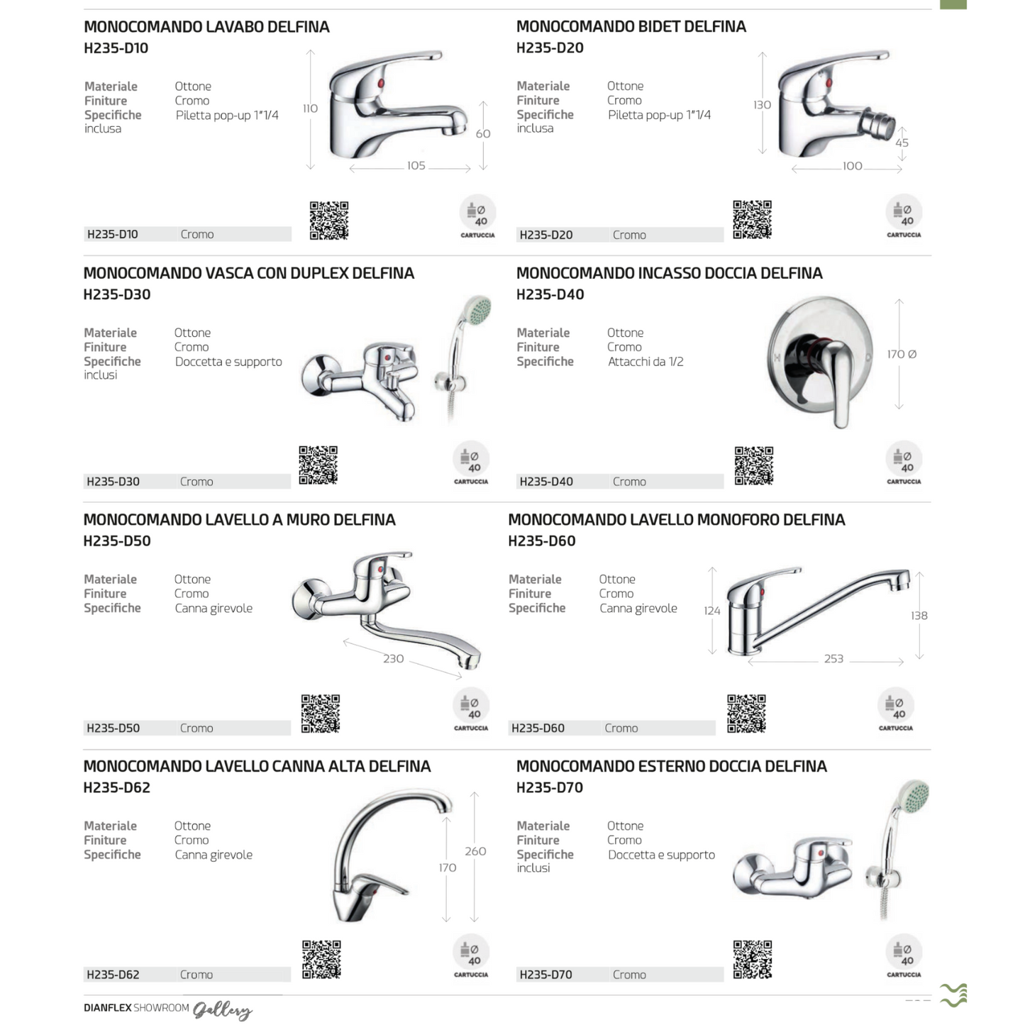 Miscelatore Rubinetto Bagno Lavabo Bidet Vasca Doccia Ottone Cromo DELFINA D.X