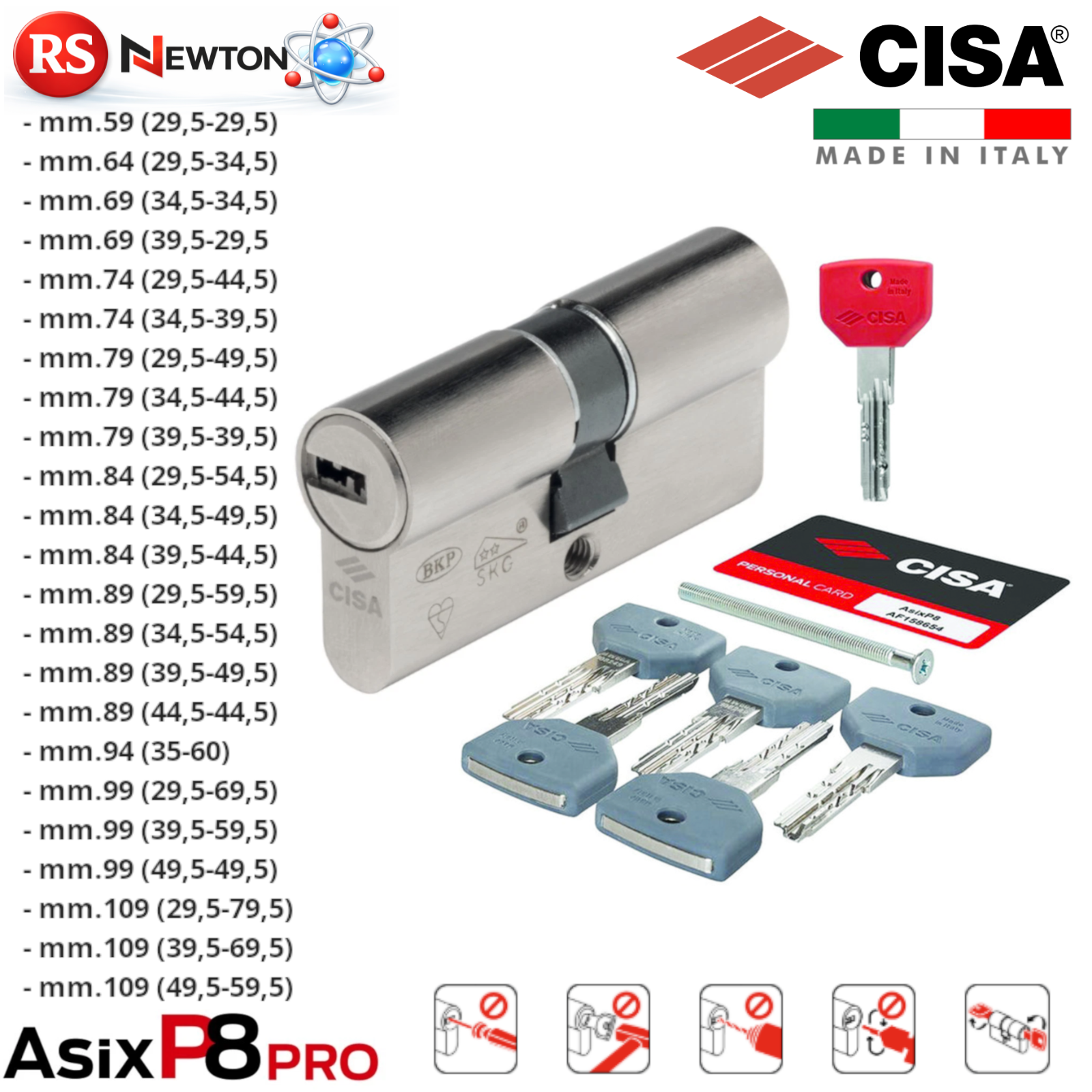 Cilindro Profilo Europeo Sagomato CISA ASIX P8 PRO Chiave Cantiere Ottone G.F