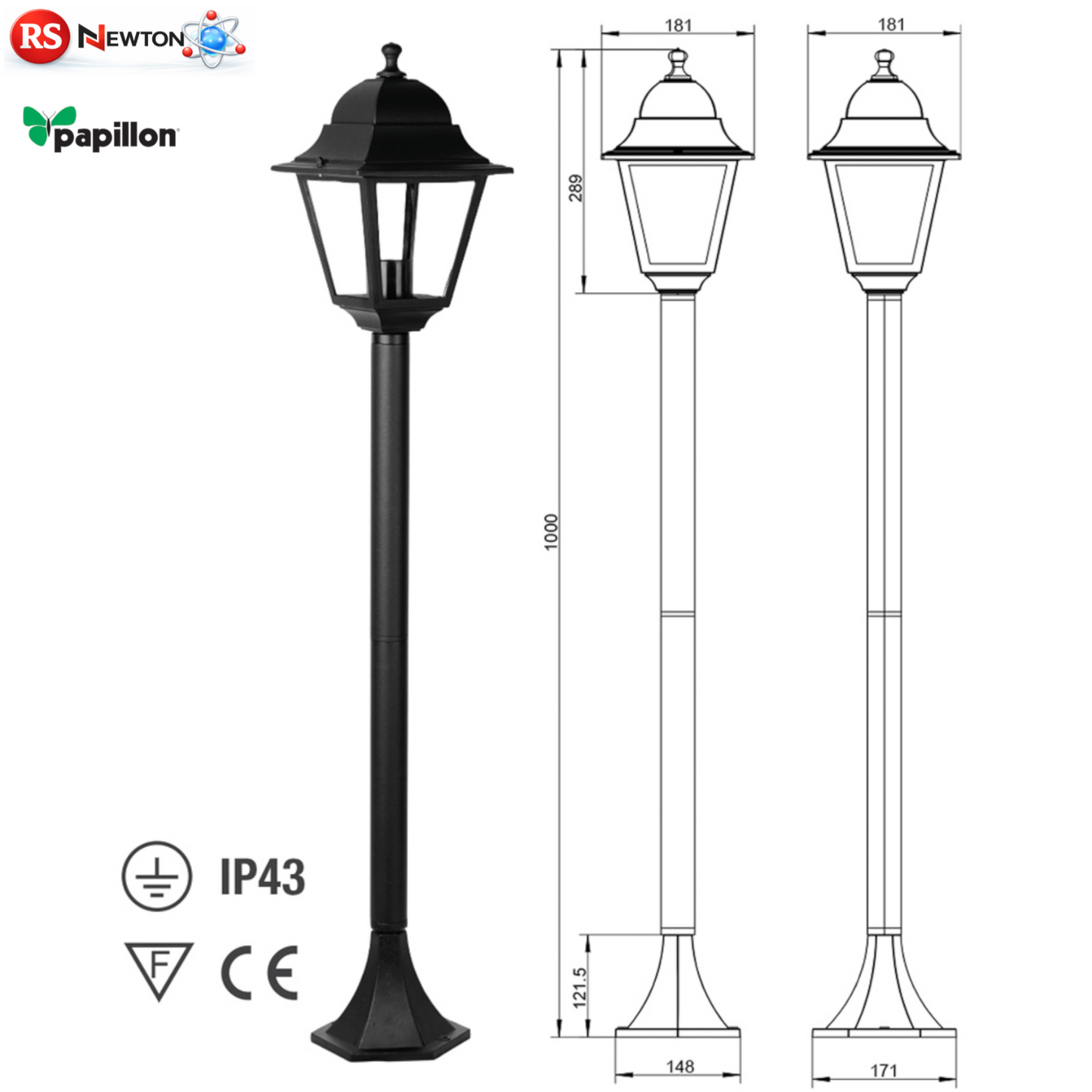 Lampione Giardino 1 Luce Nero H100cm IP43 Attacco E27 Paletto Esterno Design VBS