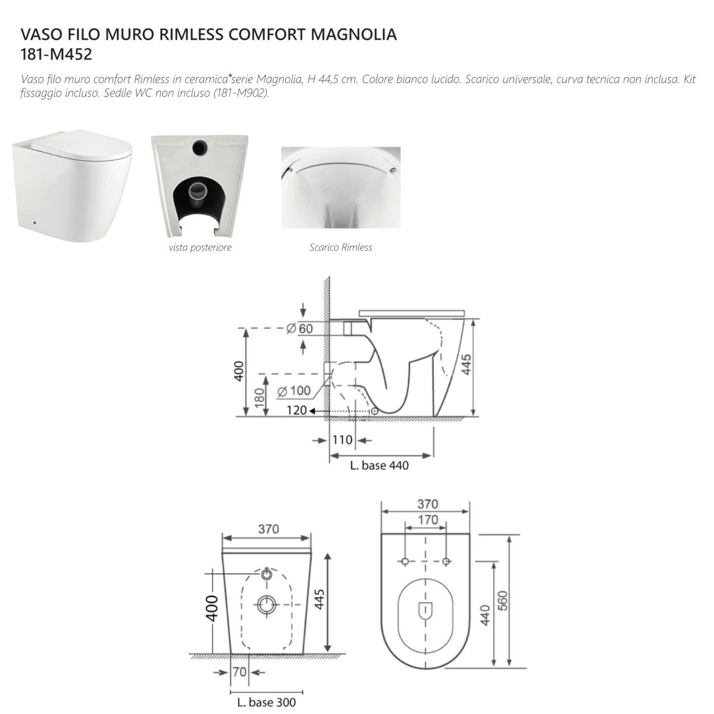 Sanitari Bagno Filo Muro LINPHA COMFORT Vaso WC Bidet H 44,5 cm CopriWater D.X
