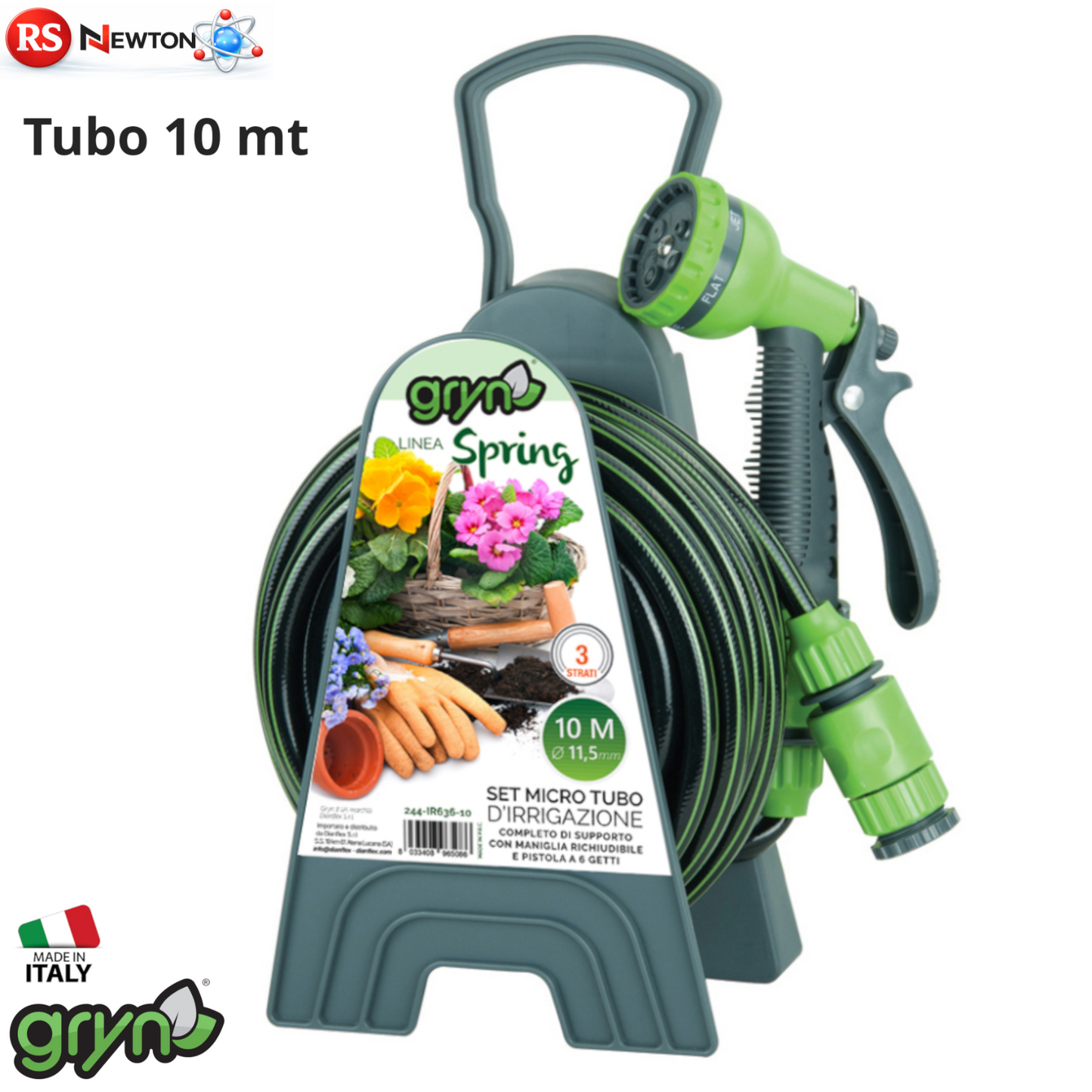 Set Micro Tubo Irrigazione 11 mm 10 Mt Pistola 6 Getti Avvolgitubo Spring D.X