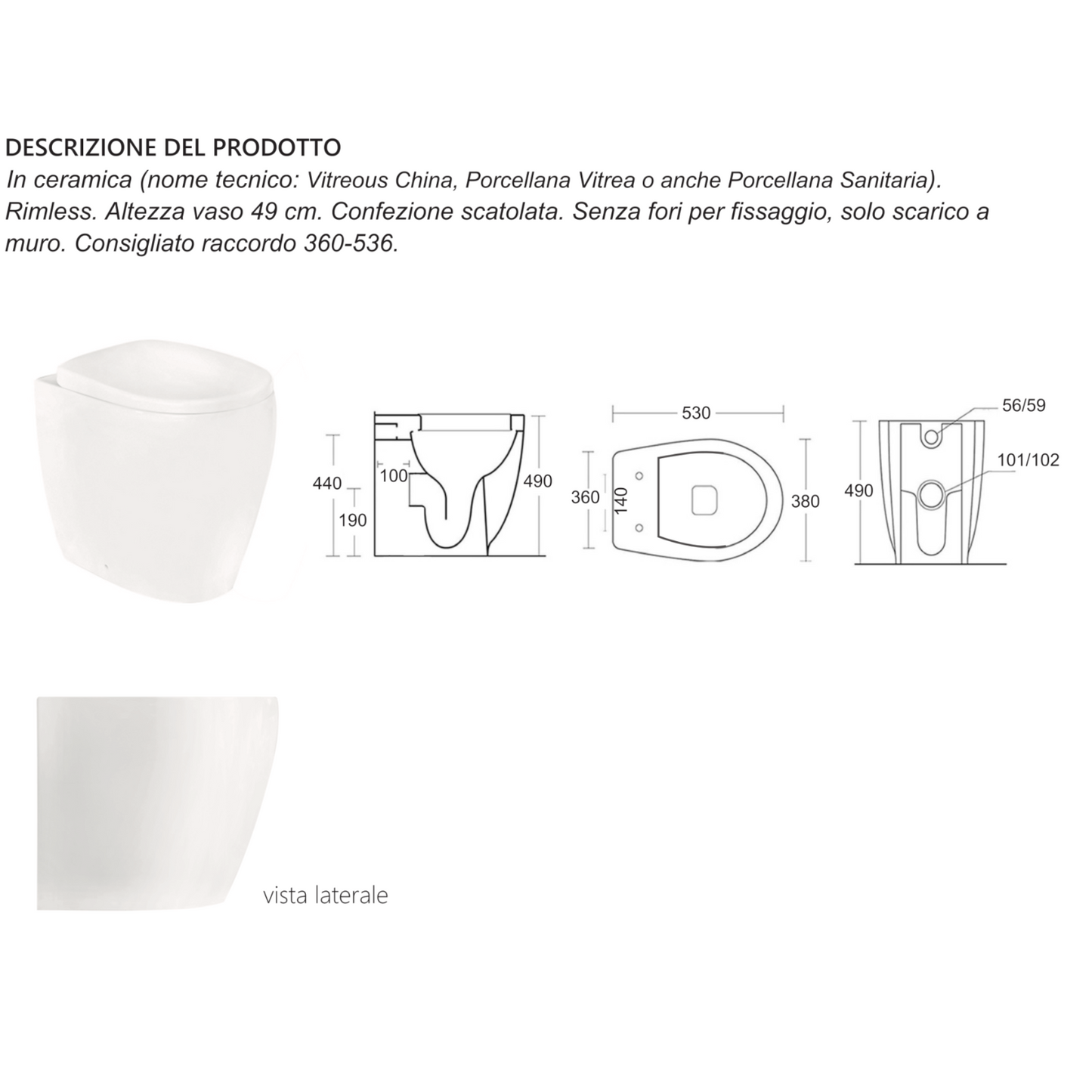 Vaso WC Rimless Filo Muro LINPHA Azalea H49 Sanitari Bagno Scarico Parete D.X