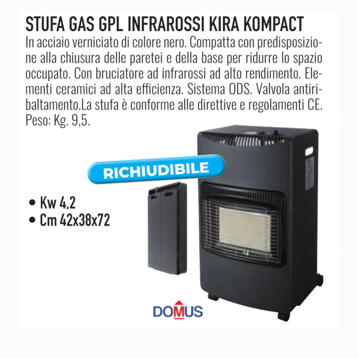 Stufa GPL Infrarossi Kira Kompact 4200W Nera con Ruote ODS Richiudibile V.X