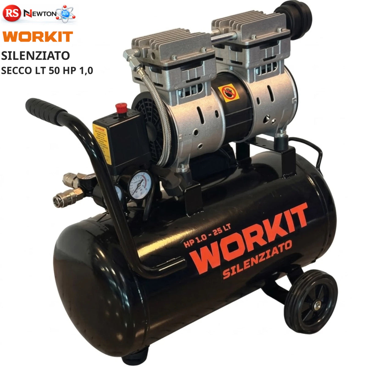 Compressore Silenziato WORKIT 50L 1HP 8 Bar 60 dB Senza Olio 230V Con Ruote V.X