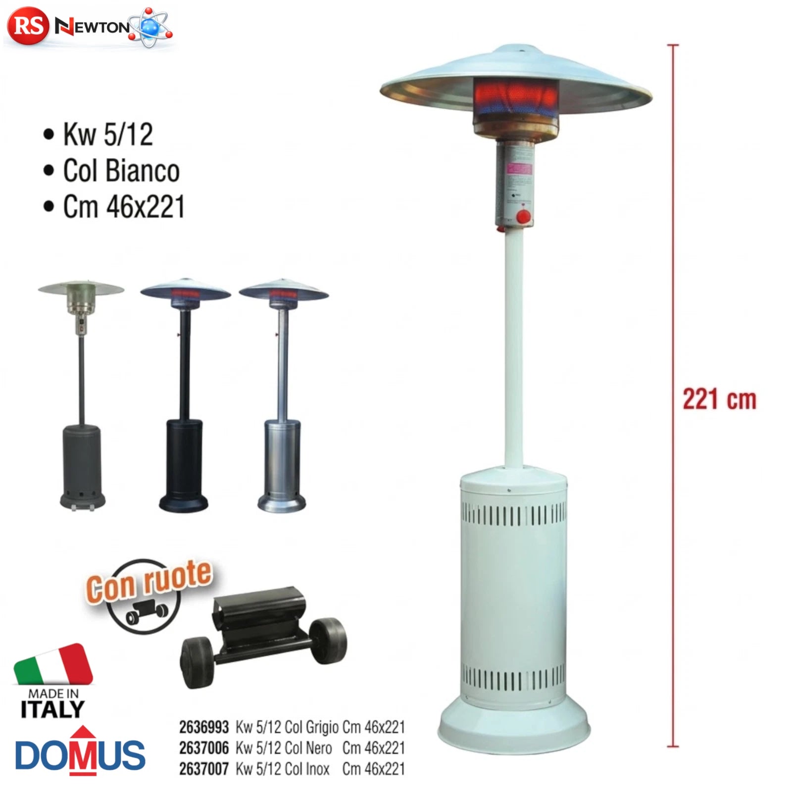 Stufa a Gas GPL a Fungo DOMUS 12kW con Ruote Bianca Nera Inox Esterno Intern V.X