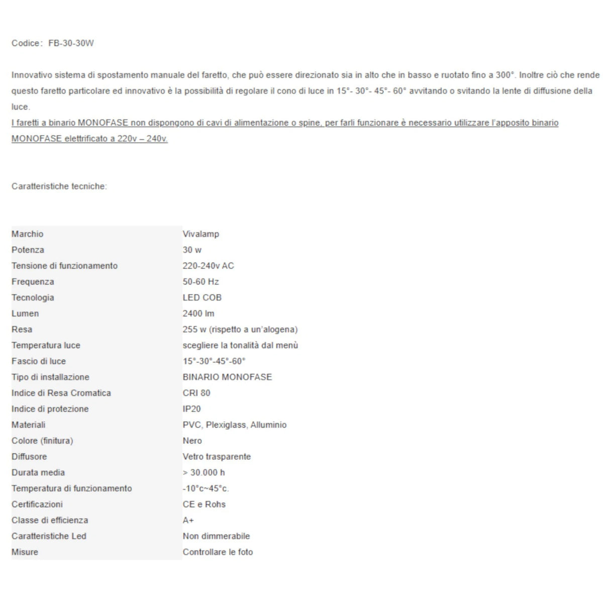 Faretto LED a Binario Monofase 1 1,5 2 Metri Lampada Spot Orientabile Soffitto