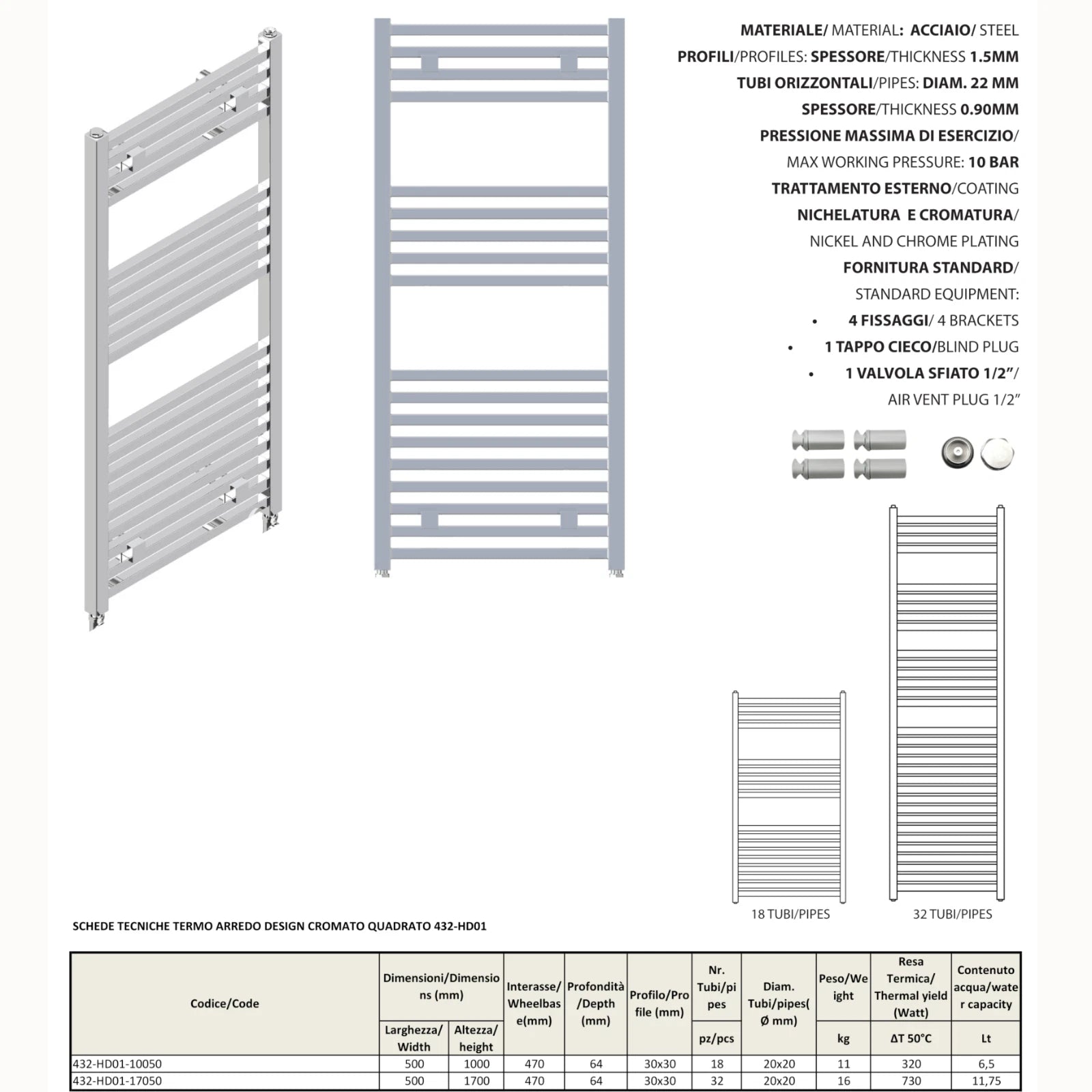 Termoarredo Cromato Scaldasalviett<wbr/>e Bagno Tubi Quadrati Termosifone Moderno D.X