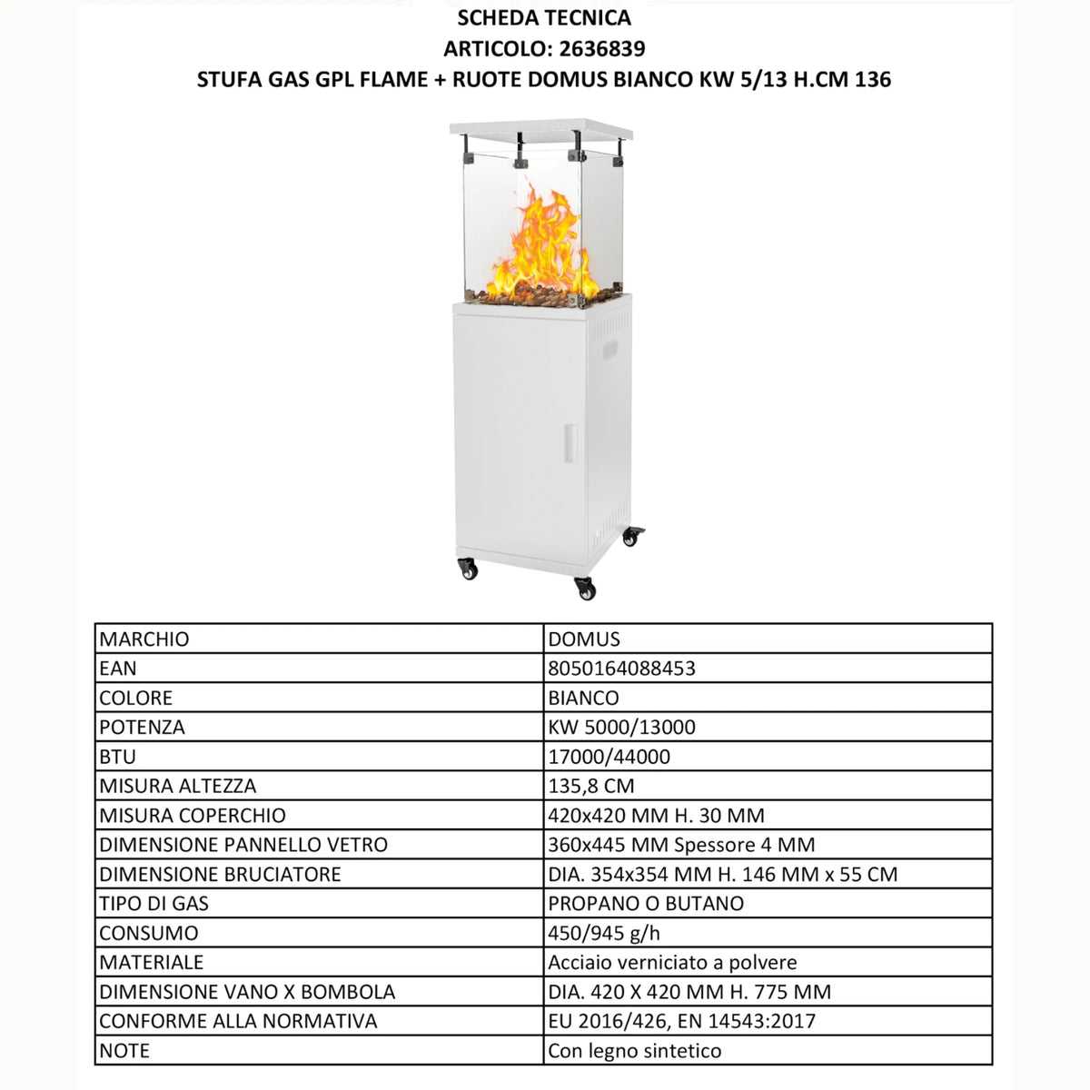 Stufa a Gas GPL Flamex Domus 5-13 kW con Ruote Fiamma 360 Nero Bianco Modern V.X
