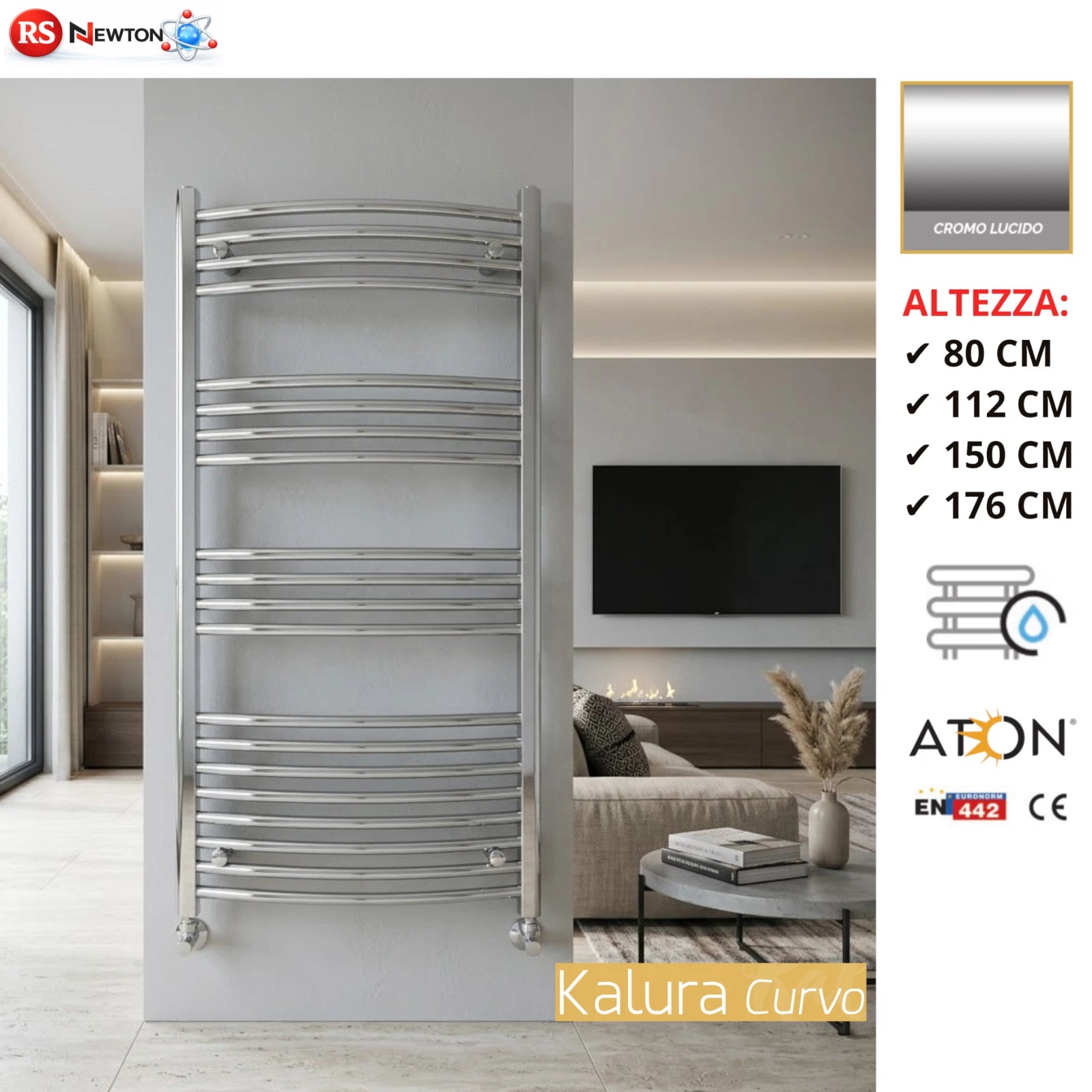 Termoarredo Cromo Curvo ATON Scaldasalviett<wbr/>e Bagno Moderno Acciaio Radiatore D.X