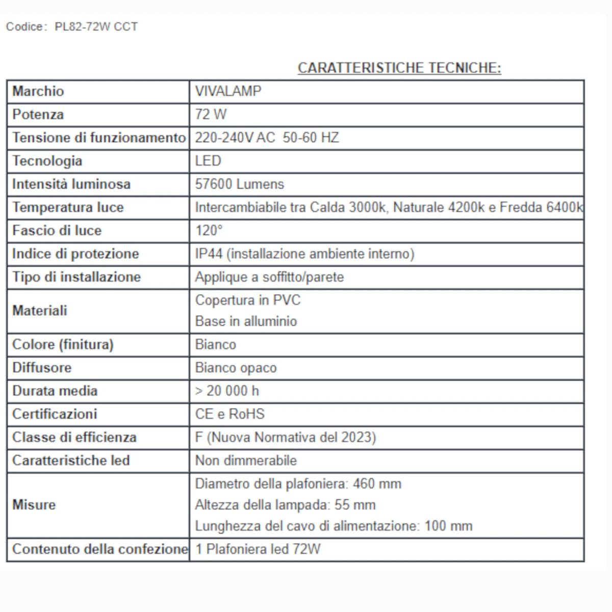Plafoniera LED 72W Rotonda 460mm 5760LM 220V Soffitto Parete Bianca CCT V.L