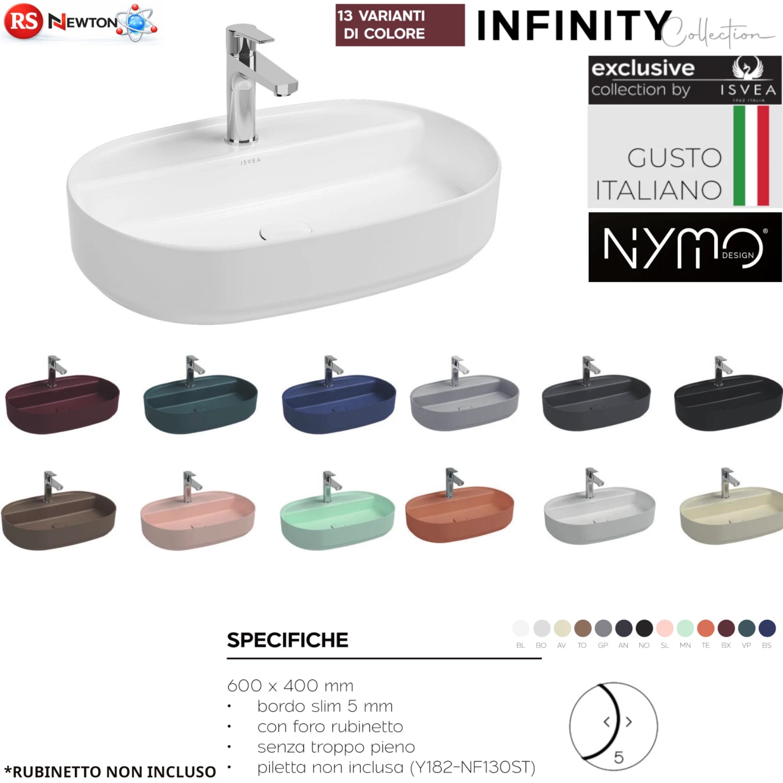 Lavabo d'Appoggio Ovale Ceramica 60x40 cm Foro Rubinetto Bagno Colorato D.X